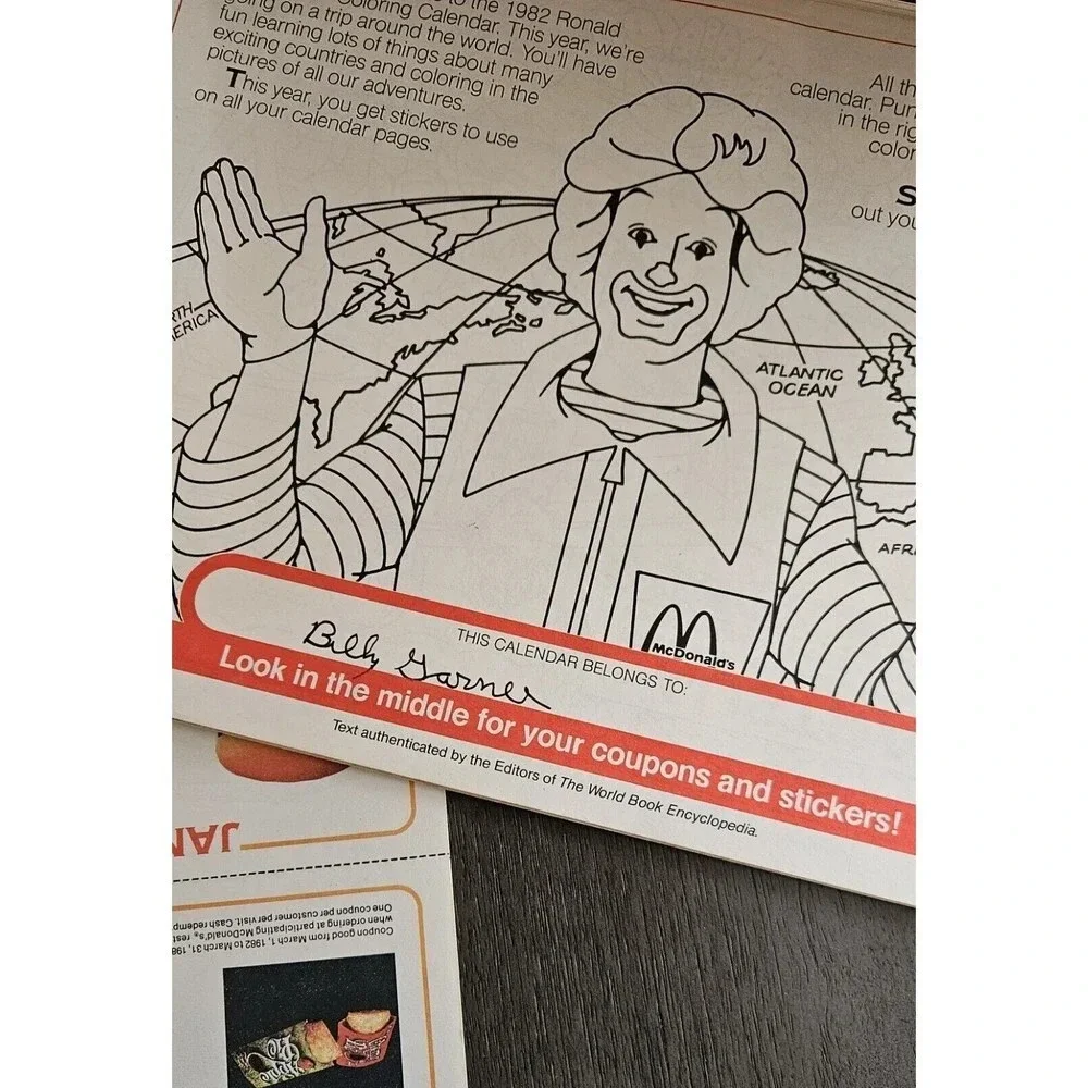 VTG USA 1982 Ronald McDonald Coloring Calendar World Map And Coupons Gag Gift